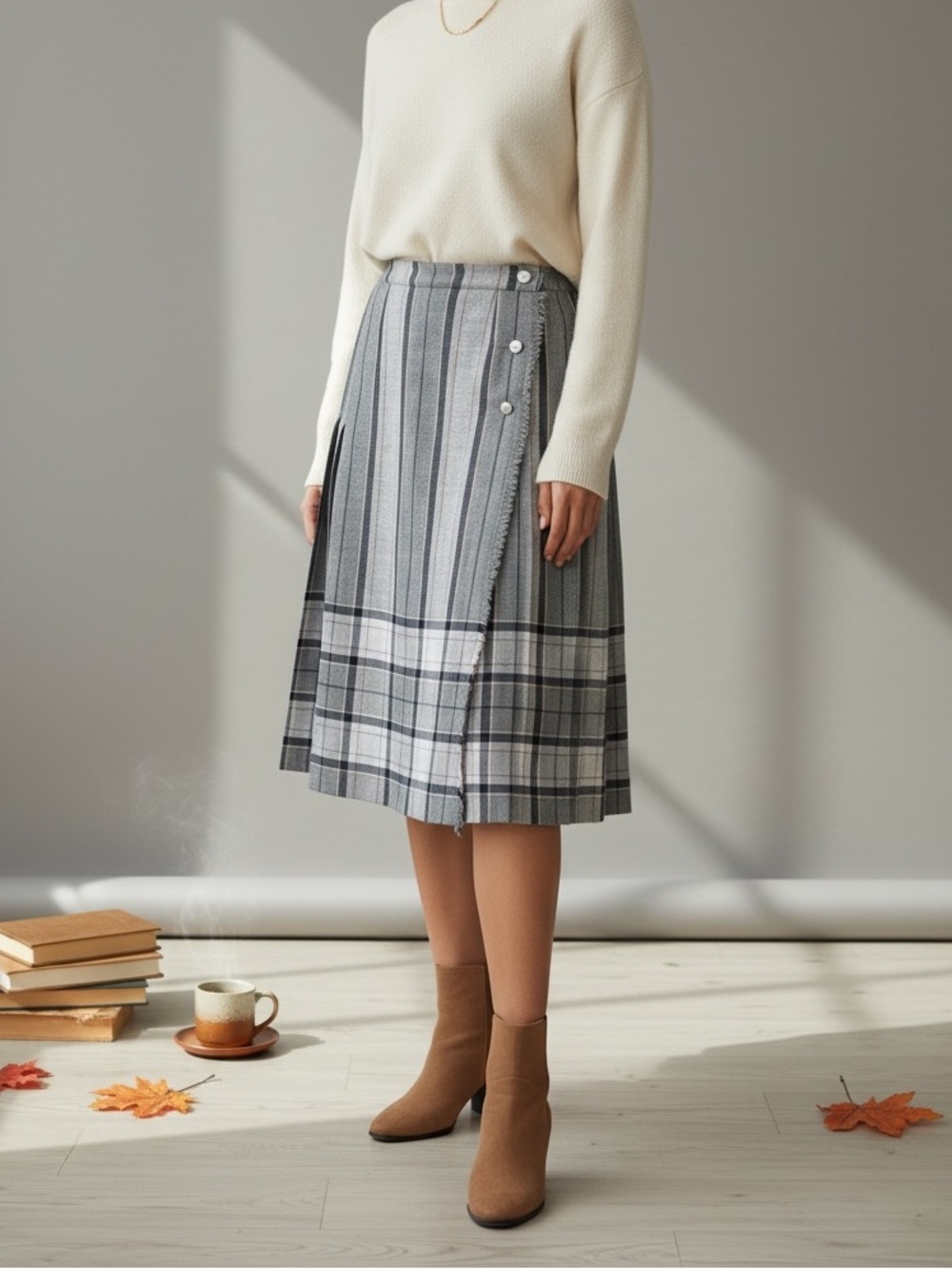 Vintage Aljean Petite 100% Wool Plaid Pleated Wrap Kilt Skirt Gray Petit Small